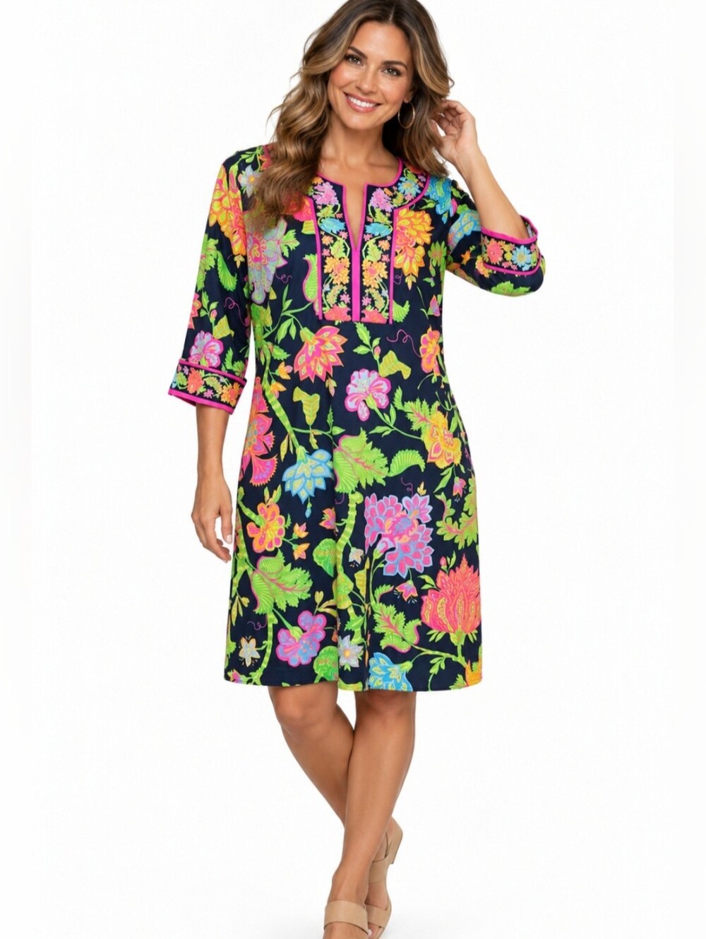 Gretchen Scott Everywhere Dress L Navy Floral Resort Chic Stretch 3/4 Sleeve